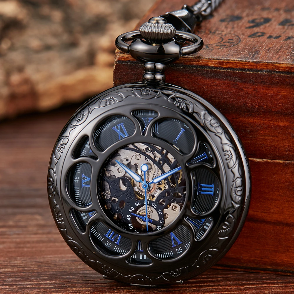 Top Trends: Roman Numeral Luxury Mechanical Pocket Watch Engrave Carving Sliver Case Steampunk Skeleton Watches Fob Chain Clock For Men Shoppable Styles