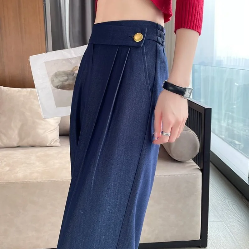 Top Trends: Women&#039;s Solid Color Elastic Waist Patchwork Button Jeans 2023 New Spring Summer Thin Loose Folds Straight Casual Wide Leg Pants Shoppable Styles