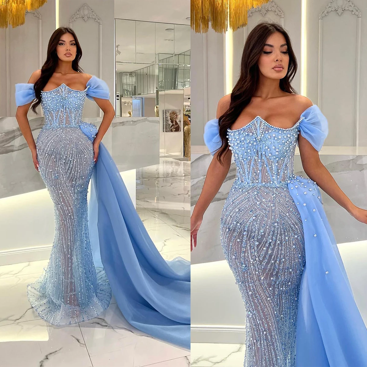 Top Trends: Elegant Blue Prom Dresses For Women Off Shoulder Beading Sequins Pearls Evening Dresses Custom Made Robe De Soirée Shoppable Styles