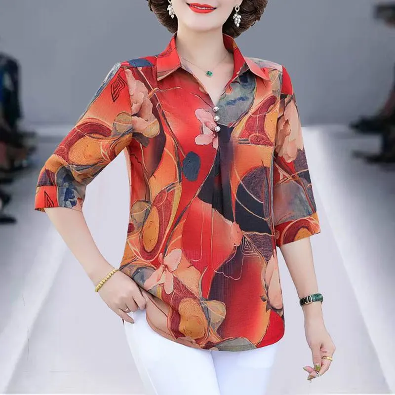 Top Trends: Summer Vintage Floral Printed Shirt Women&#039;s Clothing Casual Turn-down Collar Button Commute Half Sleeve Stylish Loose Blouse New Shoppable Styles