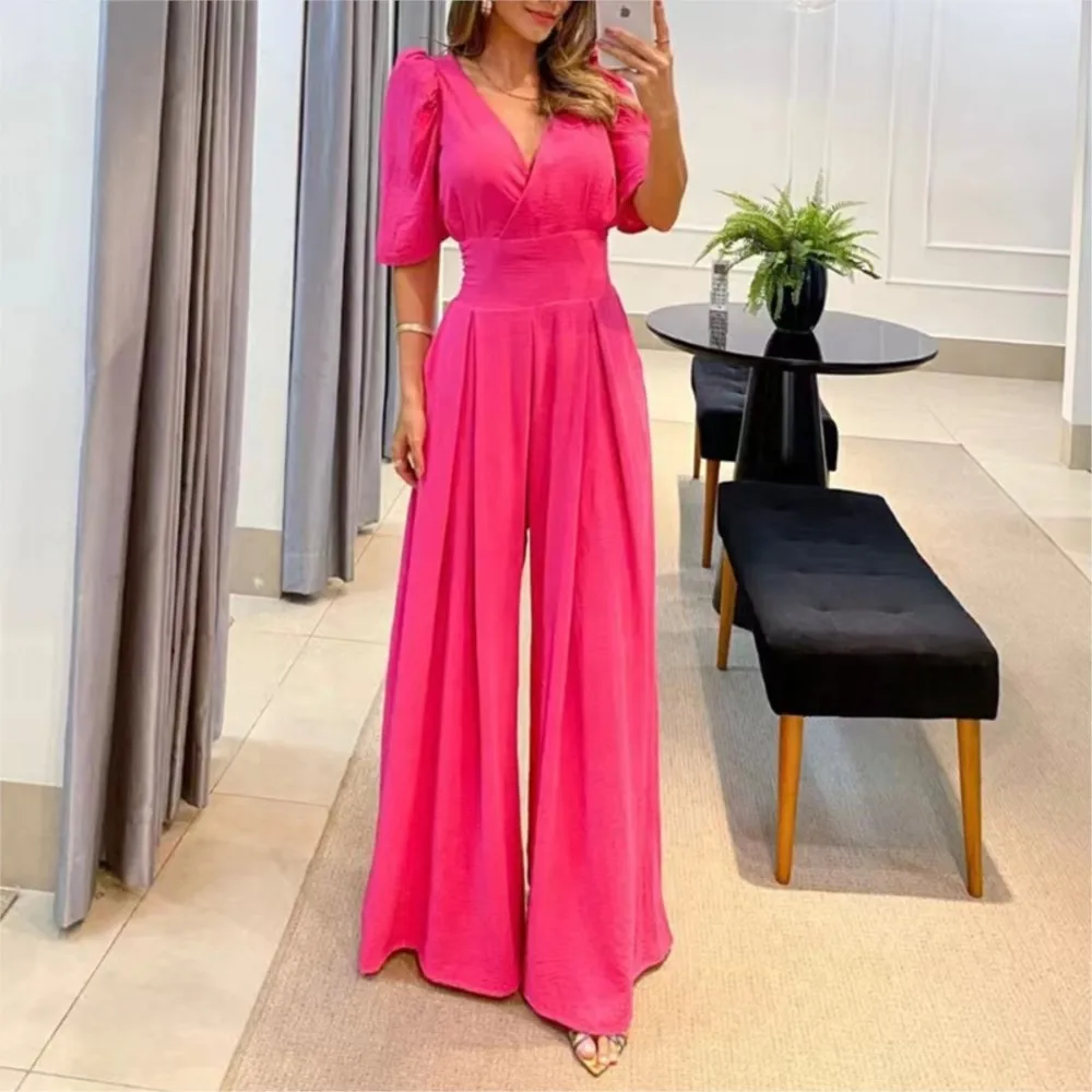 Top Trends: Temperament High Waist Lace-up Elegant Jumpsuits Women 2023 Summer Autumn New Deep V-neck Short Sleeve Ruched Wide Leg Jumpsuit Shoppable Styles