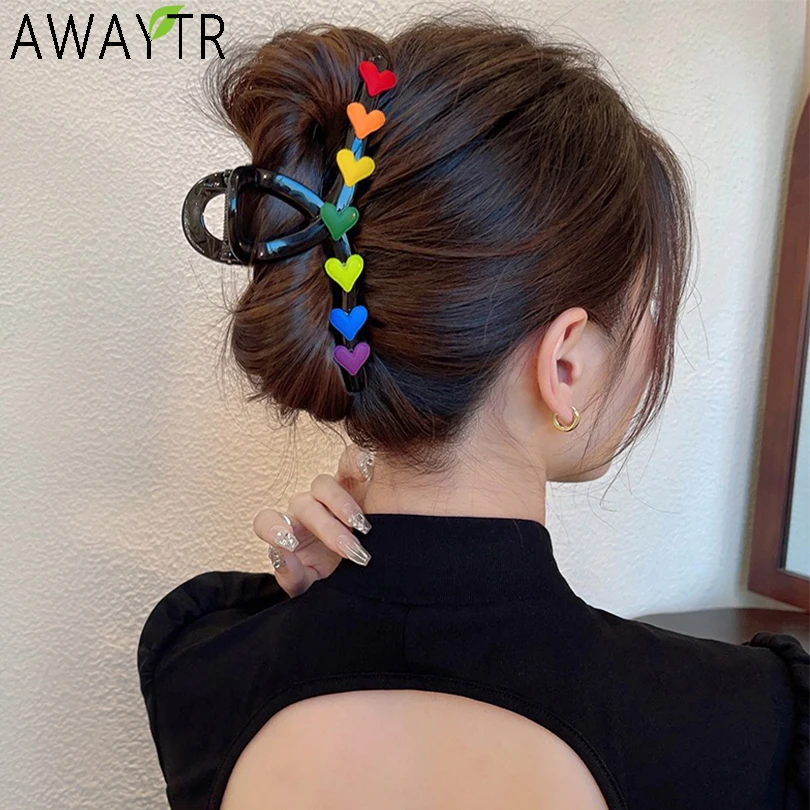 Top Trends: AWAYTR New Women Rainbow Love Large Hair Claw Clip Elegant Ponytail Hair Crab Shark Clip Girls Hairpin Clips Hair Accessories Shoppable Styles