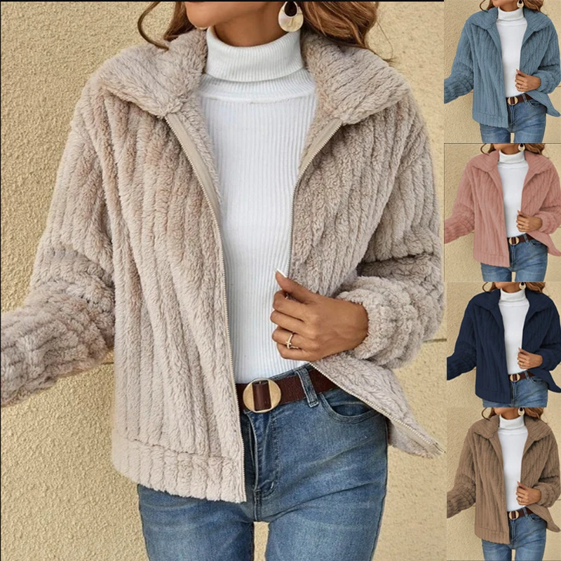 Top Trends: 2023 Autumn Winter Cardigan Lapel Short Jackets Women's Fleece Bright Warm Fuzzy Long Sleeves Solid Coats With Pockets Shoppable Styles