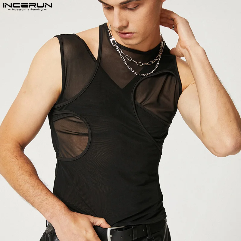 Top Trends: Men Tank Tops Hollow Out Mesh Transparent Streetwear Solid O-neck Sleeveless Vests 2023 Sexy Party Nightclub Tops INCERUN S-5XL Shoppable Styles