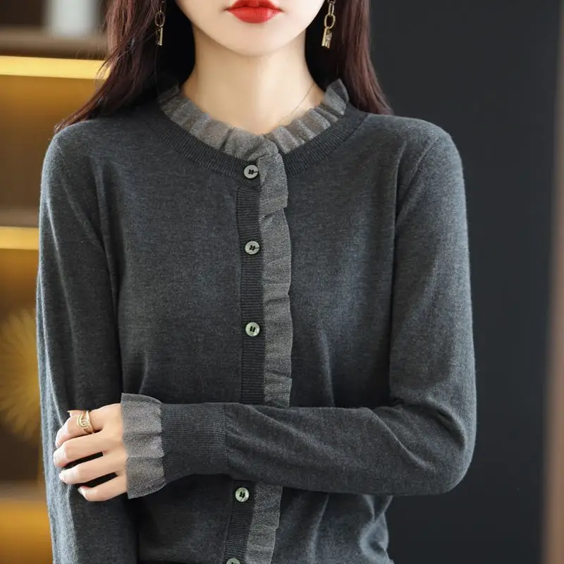 Top Trends: Autumn And Winter New Lace Round Neck Sweater Women's Korean Simple Loose Solid Button Patchwork Long Sleeved Pullovers Knit Top Shoppable Styles