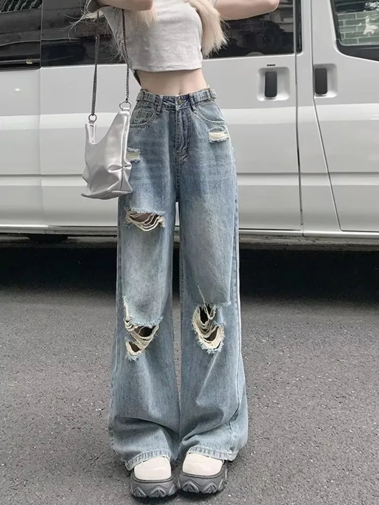 Top Trends: Retro Straight Denim Jeans With Summer Holes, High Waist, Slimming And Loose Fitting Wide Leg Floor Long Pants, Women&#039;s Jeans Shoppable Styles