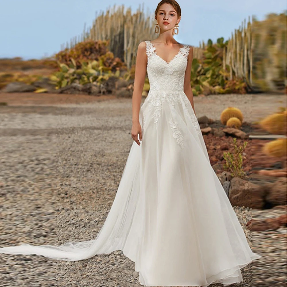 Top Trends: Beach Bohemian Simple A Line Wedding Dress 2023 V Neck Sleeveless Lace Applique Sweep Train For Women Weeding Gown Sashes Custom Shoppable Styles