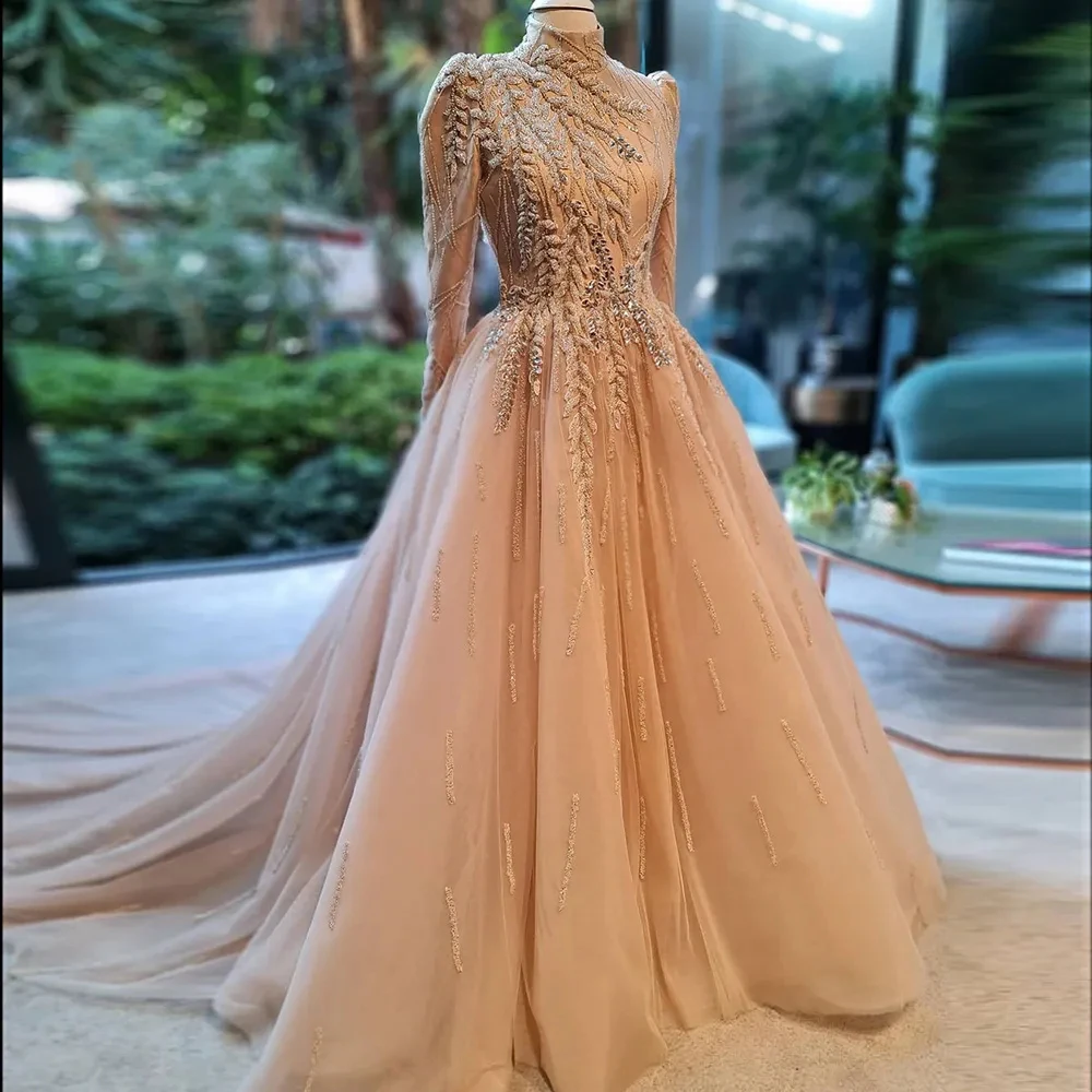 Top Trends: 2023 Champagne Women's Evening Dresses Elegant High Neck Lace Applique Princess Prom Gowns Formal Beach Party Wedding Robe De Shoppable Styles