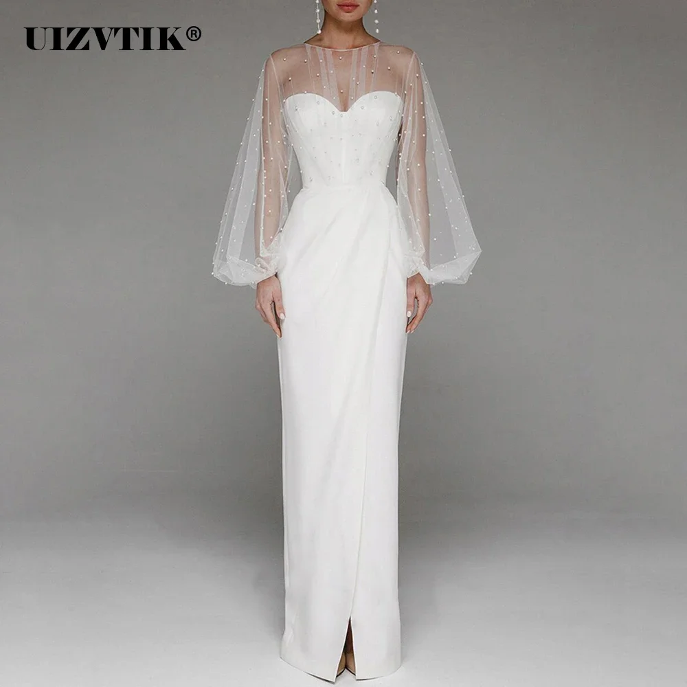 Top Trends: UIZVTIK Evening Party Sexy Dress Women Elegant Puff Sleeve White Formal Dress Split Hollow Out Mesh Prom Wedding Long Maxi Dress Shoppable Styles