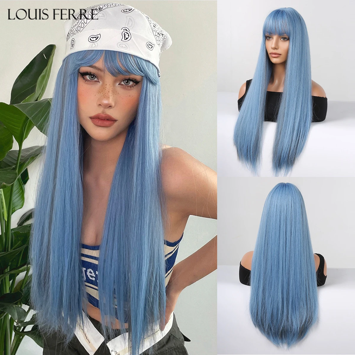 Top Trends: LOUIS FERRE Long Blue Straight Wigs With Bangs Light Blue Cosplay Wig Colorful Synthetic Party Costume Hair Heat Resistant Fiber Shoppable Styles