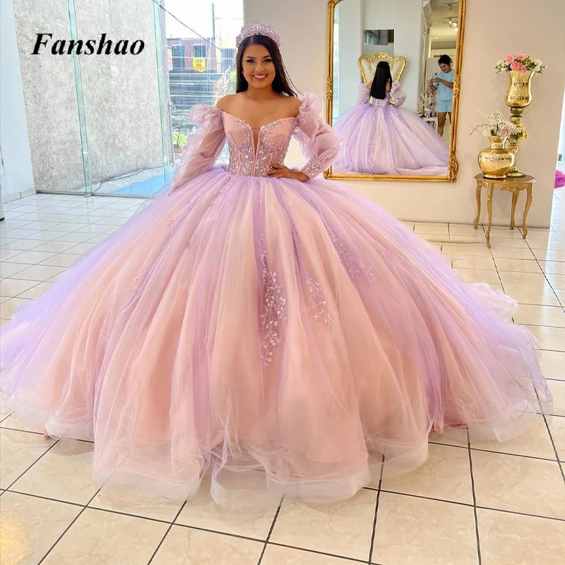 Top Trends: Fanshao Ball Gown Dresses For Girls Saudi Arabric Deep V-Neck Long Sleeves Pleat Lack Up Backless Tulle Pageant Ball Gown 2024 Shoppable Styles