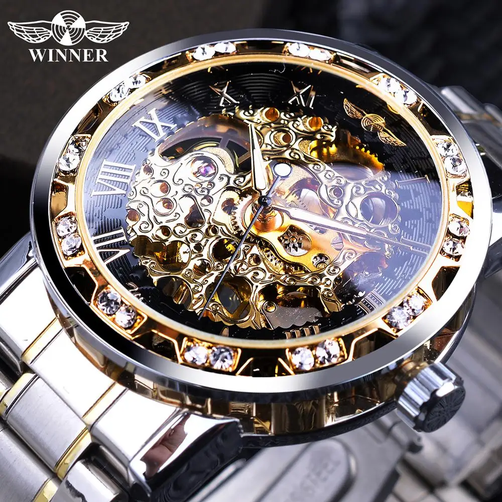 Top Trends: Winner Transparent Fashion Diamond Luminous Gear Movement Royal Design Men Top Brand Luxury Male Mechanical Skeleton Wrist Watch Shoppable Styles