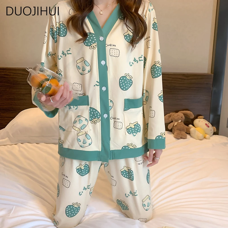 Top Trends: DUOJIHUI Sweet Contrast Color Two Piece Loose Female Pajamas Set Autumn New Simple Fashion Printed Casual Home Pajamas For Women Shoppable Styles