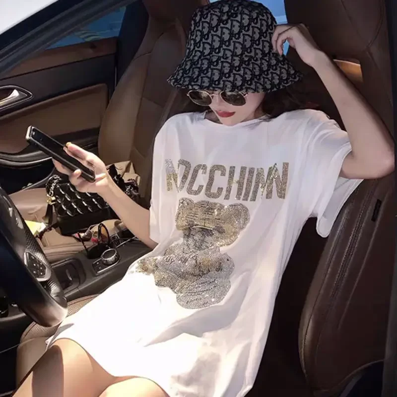 Top Trends: White Short-sleeved T-shirt Female Korean Mid-length Loose Hot Drilling Bear Loose Shirt Summer Loose Woman Tshirts Shoppable Styles