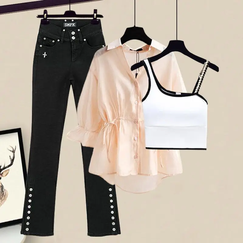 Top Trends: Drawstring Pleated Waist Wrapped Chiffon Shirt Sexy Strap Bra Black Jeans Three Piece Elegant Women's Pants Set Summer Outfits Shoppable Styles - Image 4