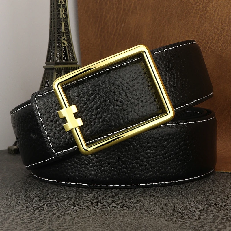 Top Trends: High Quality Designer Square Slide Buckle Belts Men Full Grain Leather Fashion Luxury Famous Brand Brown Young Men Ceinture Homm Shoppable Styles