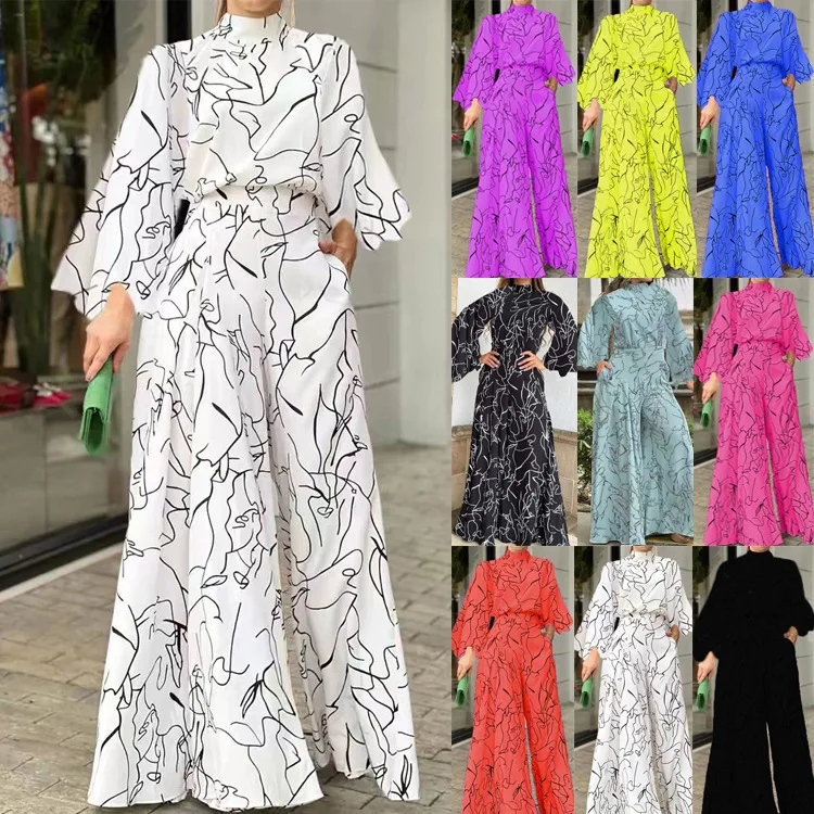 Top Trends: Autumn New Women&#039;s Jumpsuit Sexy Half Neck Long Sleeve Art Print Jumpsuit High Street Jumpsuit Wide Leg Jumpsuit 19 Colors Shoppable Styles