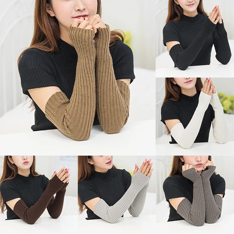 Top Trends: Autumn Winter Arm Warm Soft Sleeve Women's Wool Arm Warmers Knitted Woolen Arm Sleeve Solid Fine Long Knitted Fingerless Gloves Shoppable Styles