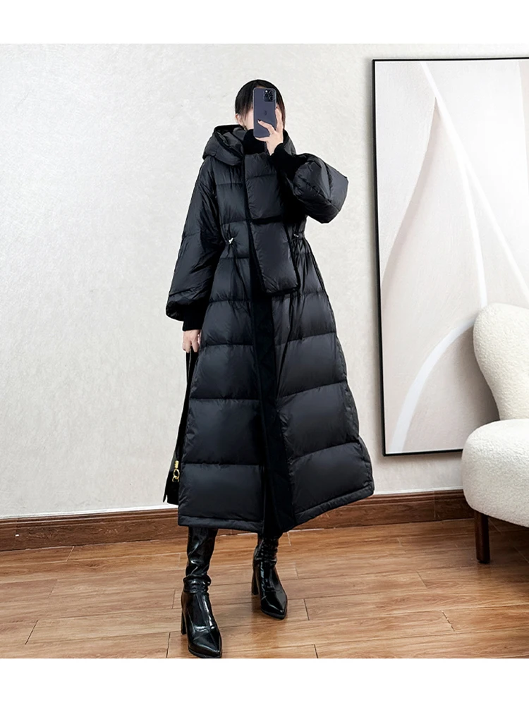 Top Trends: Winter Long Thick Down Jacket For Women With Hooded Pull Chain And Wide Cuffs, Fashionable Pufferfish Black Navy Snow Coat Shoppable Styles