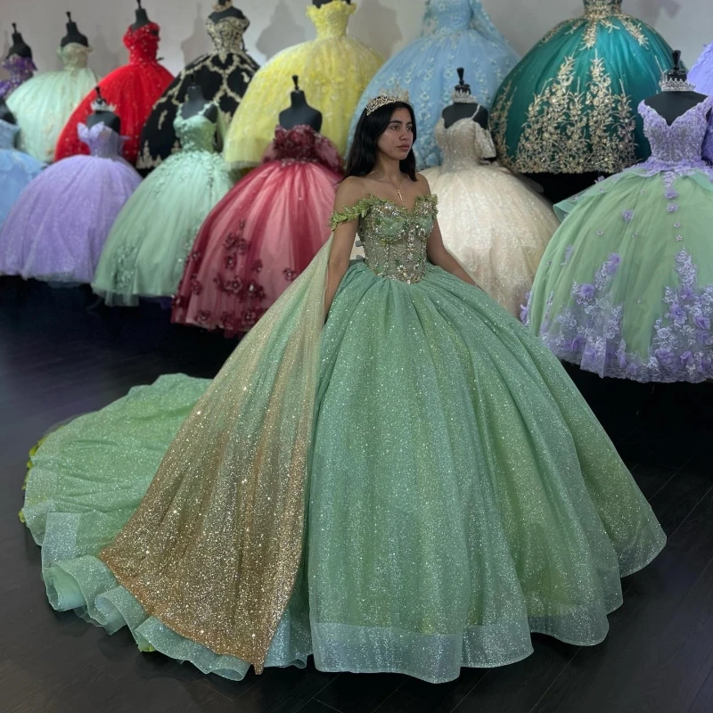 Top Trends: Loves Sage Green Puffy Princess Quinceanera Dresses Applique Beads With Cape Corset Sweet 16 Dress Vestidos De 15 Anos Birthday Shoppable Styles