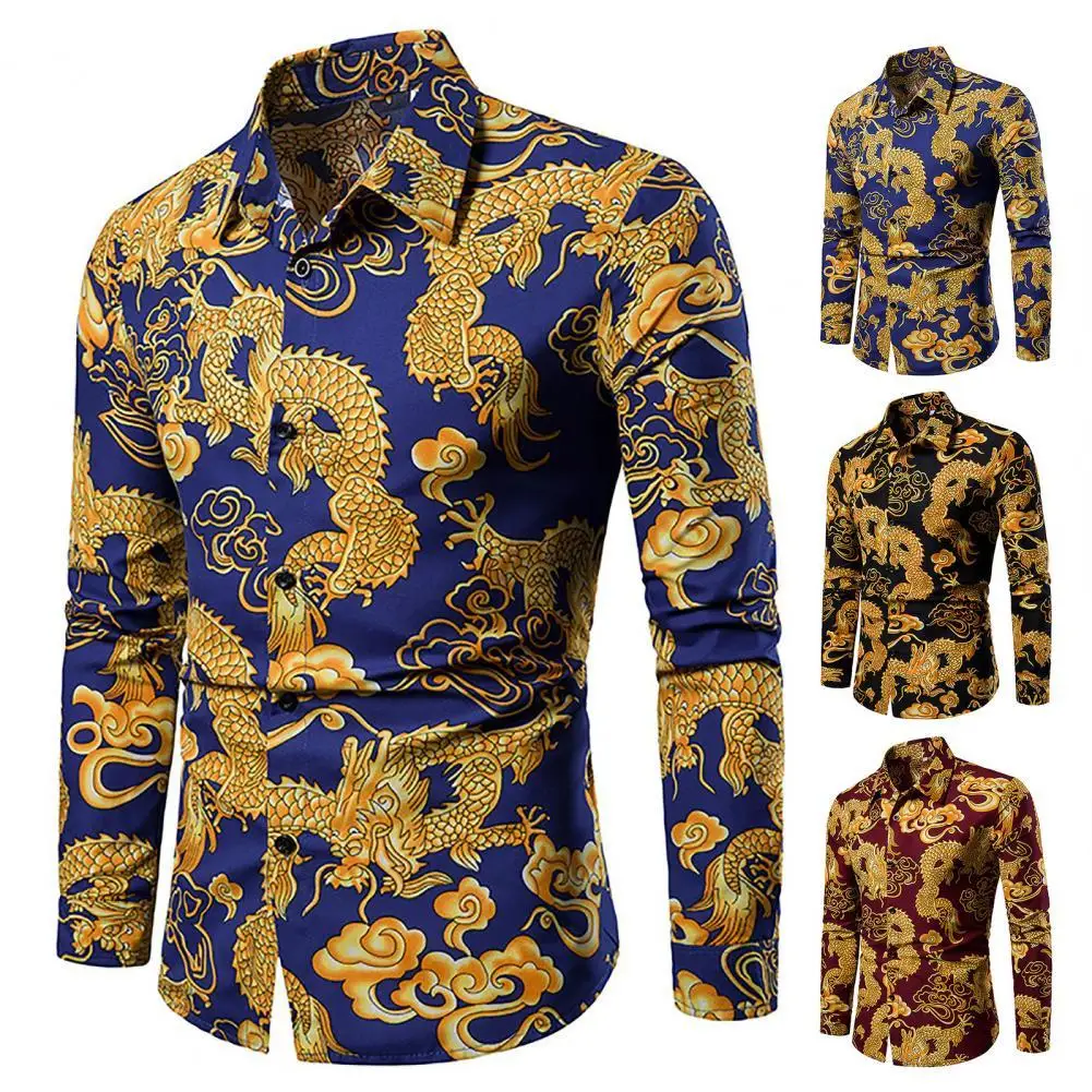 Top Trends: Men Shirt Chinese Style Mighty Dragon Print Turn-down Collar Spring T-Shirt For Daily Wear Shoppable Styles