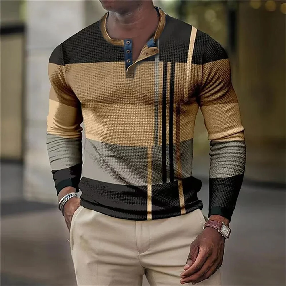 Top Trends: Vintage Men&#039;s T Shirts 3D Patchwork Print Casual Long-Sleeved Henley Shirt Oversized Tops Autumn Streetwear Male Tshirt Pullover Shoppable Styles