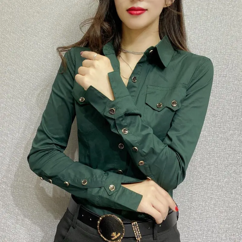 Top Trends: Office Lady Slim Solid Color Blouse Fashion Pockets Spliced Spring Autumn Chic Single-breasted Women&#039;s Clothing Polo-Neck Shirt Shoppable Styles