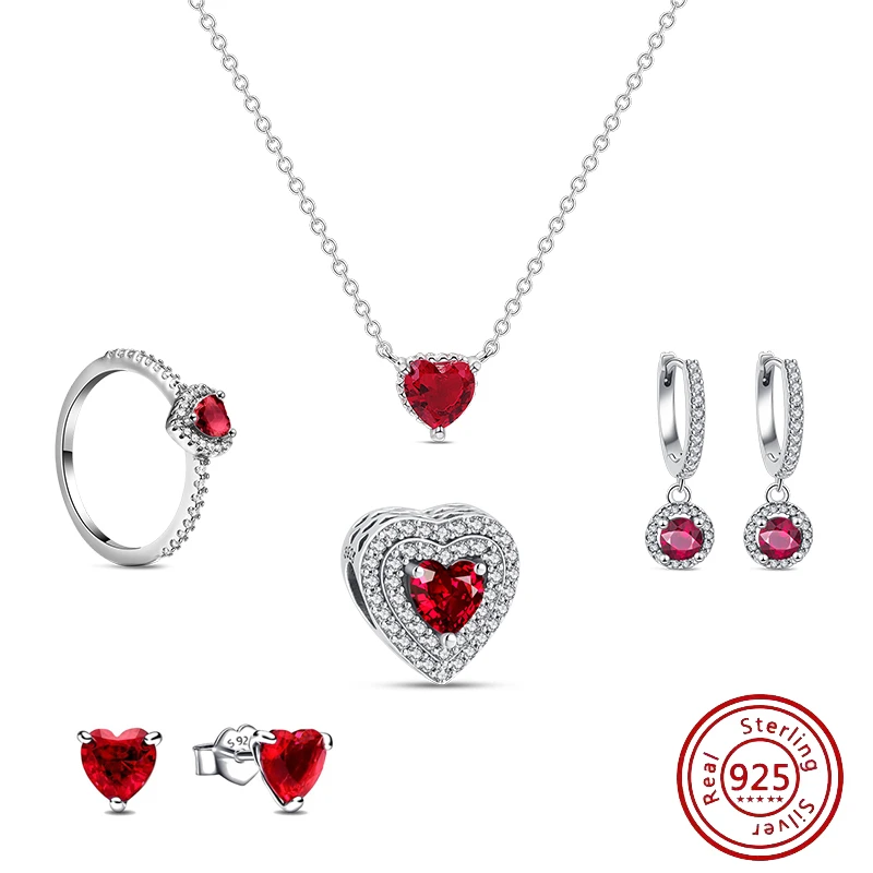 Top Trends: 2024 New 925 Silver Charms Red Heart Studs Earrings Dangle Sparkling Necklace Set Fit Original Pandora Bracelet Beads Jewelry Shoppable Styles