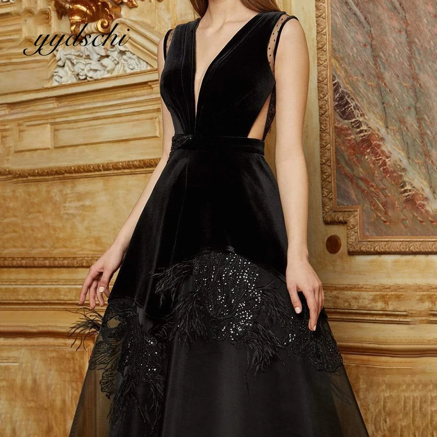 Top Trends: Black Cocktail Dresses Sexy V-Neck Floor Length Evening Formal Applique Sequined Feathers Dresses For Women Vestidos De Noche Shoppable Styles