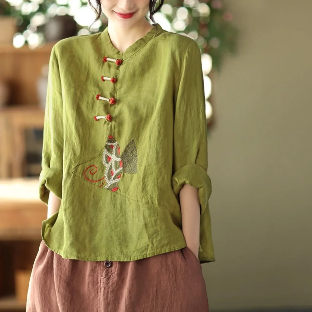 Top Trends: 2023 Chinese Style Shirt Plus Size 3XL Traditional Clothing For Women Linen Embroidery Tops Female Retro Loose Hanfu Blouse Shoppable Styles