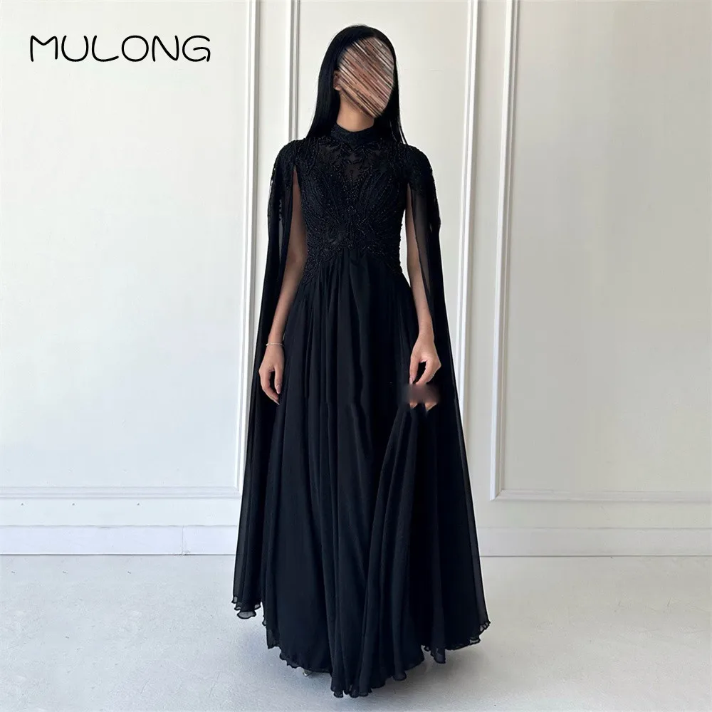 Top Trends: MULONG Said Luxury Dubai Evening Dress With Cape Sleeve 2023 Elegant Long Arabic Formal Black Dresses For Women Wedding Party Shoppable Styles