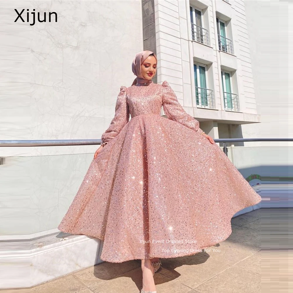 Top Trends: Xijun Glitter Sequined Evening Dresses Pink Dubai Saudi Arabric Prom Dresses Ankle Length Modest Prom Gowns A-Line Party Gowns Shoppable Styles