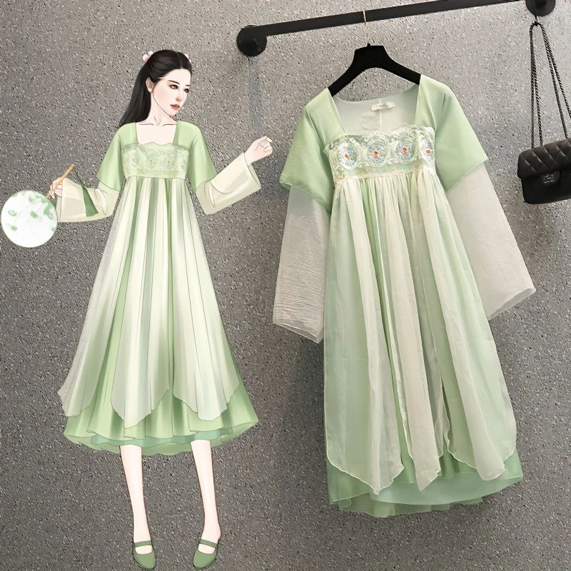 Top Trends: 2023 Spring New Fashion Chinese Style Traditional Embroidery Long Sleeve Dresses Green Modern Hanfu Chiffon Dress M-4XL Shoppable Styles