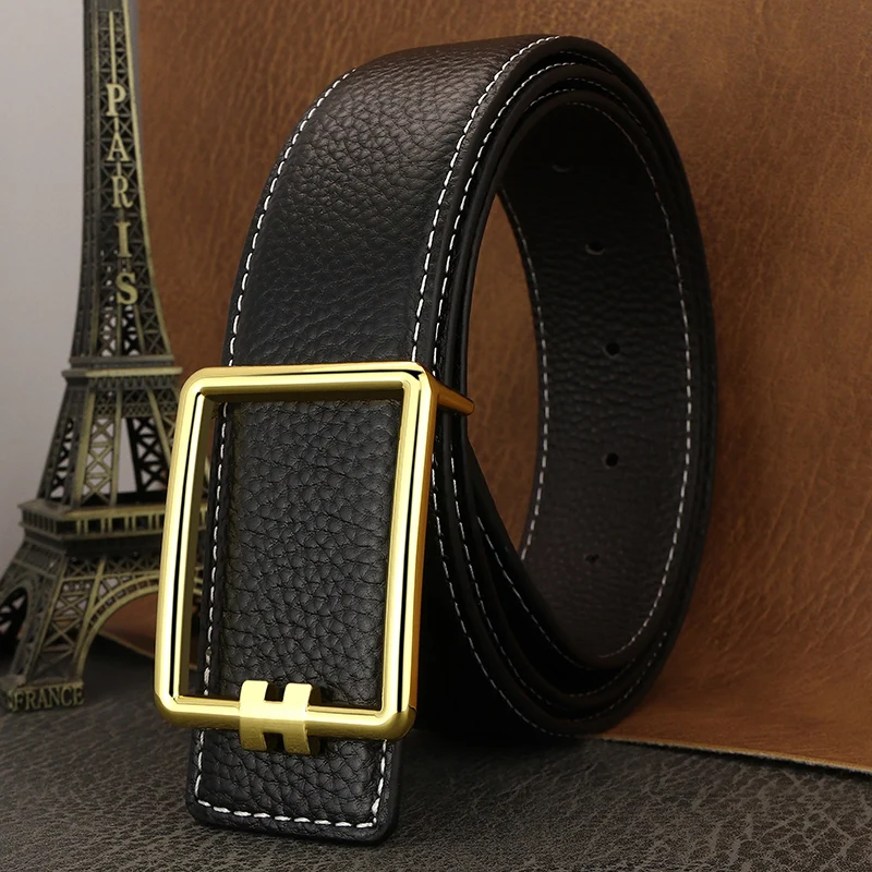 Top Trends: High Quality Designer Square Slide Buckle Belts Men Full Grain Leather Fashion Luxury Famous Brand Brown Young Men Ceinture Homm Shoppable Styles - Image 5