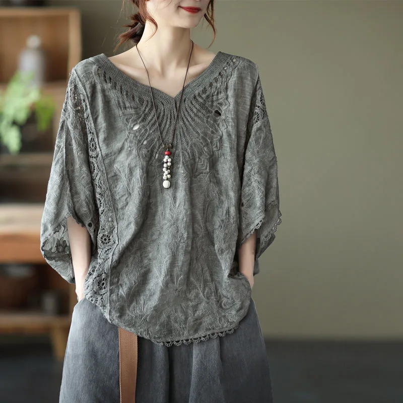 Top Trends: Summer Women's Cotton Hollowed Out Lace Embroidery V-neck Half Sleeved T-shirt Loose Oversized Sun Protection Overlay Tops Shoppable Styles - Image 3