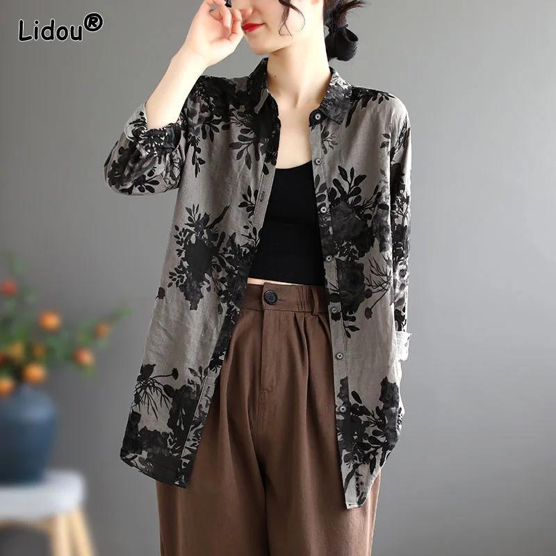 Top Trends: Printing Vintage Classic Korean Straight Button Turn-down Collar Cardigan All Season Thin Blouses Women's Clothing 2022 Fashion Shoppable Styles