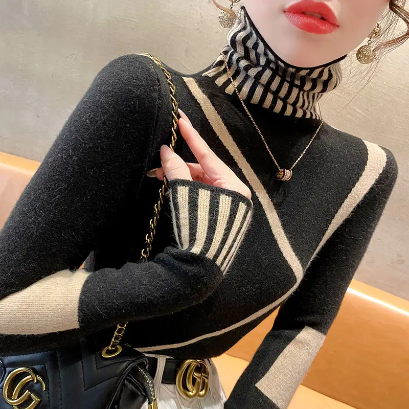 Top Trends: Women's High Neck Striped Sweater Patchwork Winter Korean Fashionable Underlay New Long Sleeve Color Locked Pullover Knit Tops Shoppable Styles