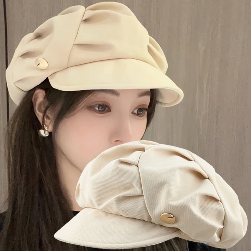 Top Trends: New Female Short Brim Newsboy Caps Ladies Pleated Berets Hats Spring Autumn Ins Polyester Women Korean Fashion Harajuku Octagon Shoppable Styles