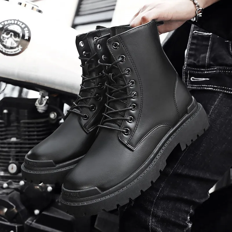 Top Trends: 2024 New Men's Martin Boots Fashion High-top Motorcycle Leather Boots Waterproof Work Shoes For Men Lace Up Platform Ankle Boots Shoppable Styles