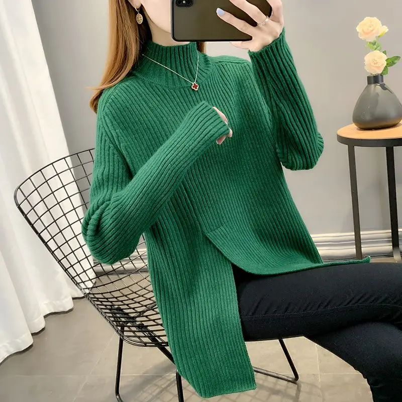 Top Trends: Simplicity All-match Turtleneck Sweaters For Female Autumn Winter Fashion Korean Solid Split Knitted Pullovers Women&#039;s Clothing Shoppable Styles