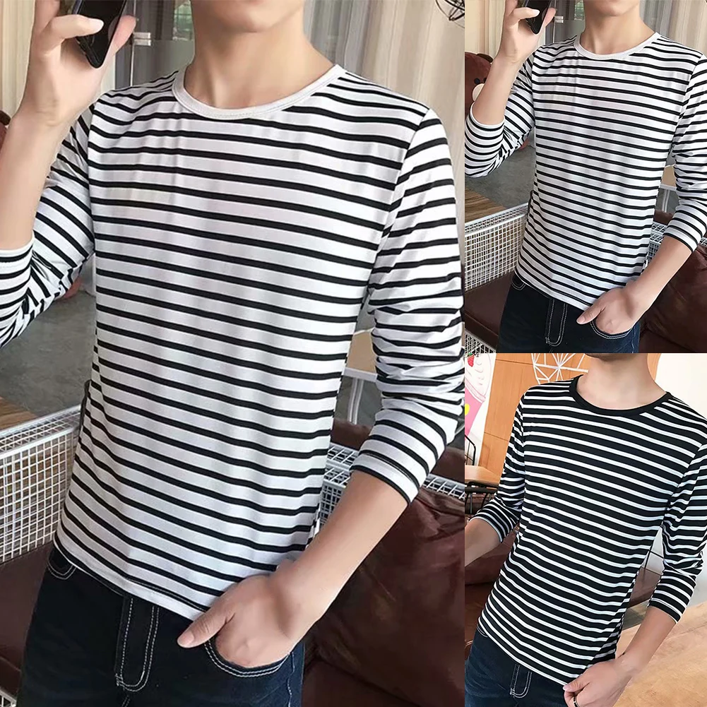 Top Trends: Striped T-shirt Men Long Sleeve Pullover Trendy Black White Striped Tops For Men Harajuku Casual Base Shirt Invisible Undershirt Shoppable Styles