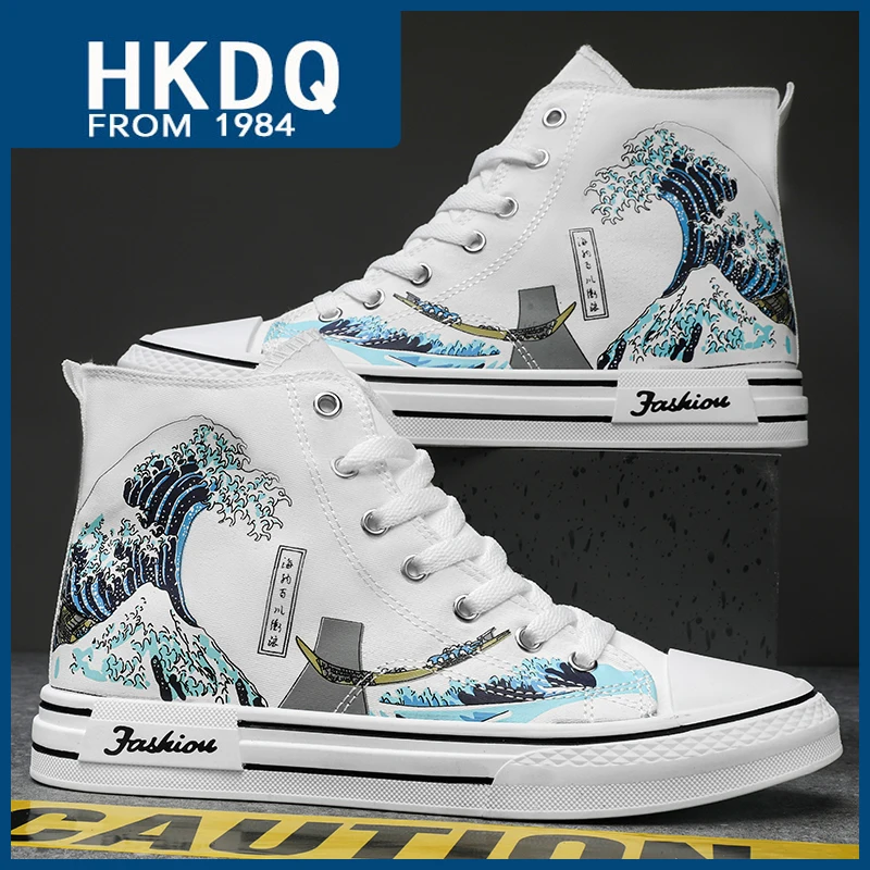 Top Trends: HKDQ New Autumn High Top Men's Canvas Shoes Fashion Print White Men Vulcanization Shoes Non-slip Male Casual Skateboard Sneakers Shoppable Styles