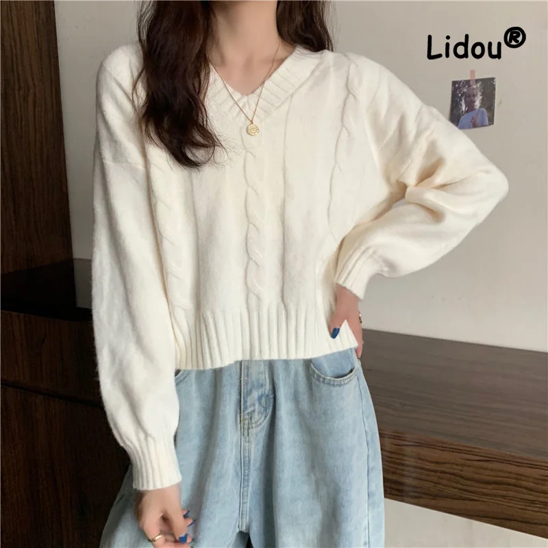 Top Trends: Fashion Autumn Winter Solid Sweaters Womne New Long Sleeve Classic V-neck Loose Short Sweet Minority All-match Casual Top 2022 Shoppable Styles