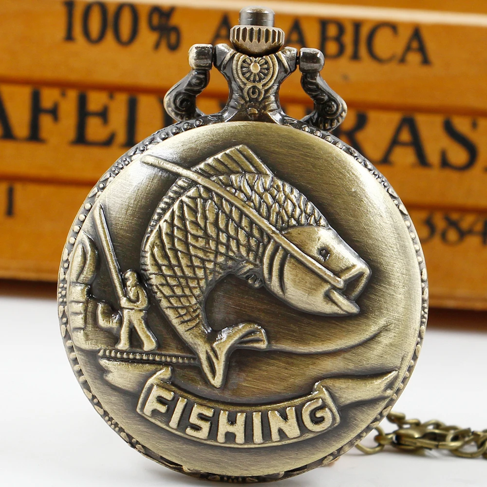 Top Trends: Creative Fishing Embossed Necklace Pocket Watch For Boys And Children Steampunk Quartz Pocket Chain Clock Dropshipping Shoppable Styles