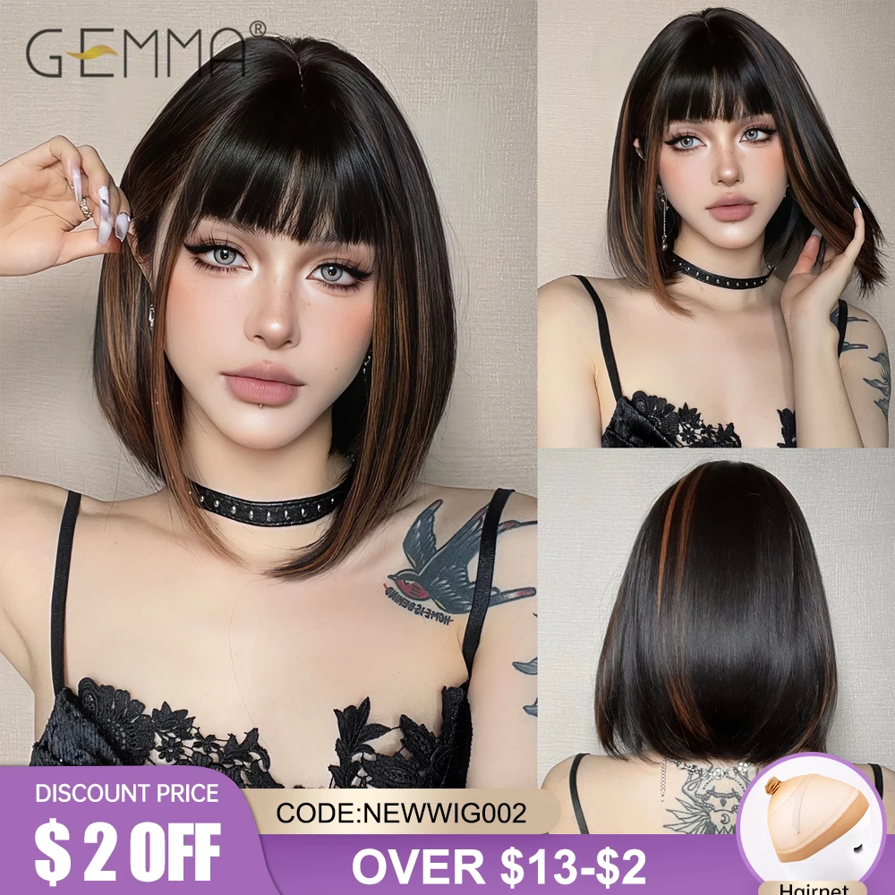 Top Trends: Dark Brown Bob Wig With Bangs Highlight Short Straight Wigs Natural Cosplay Daily Use Fake Hair Wig For Women Heat Resistant Shoppable Styles