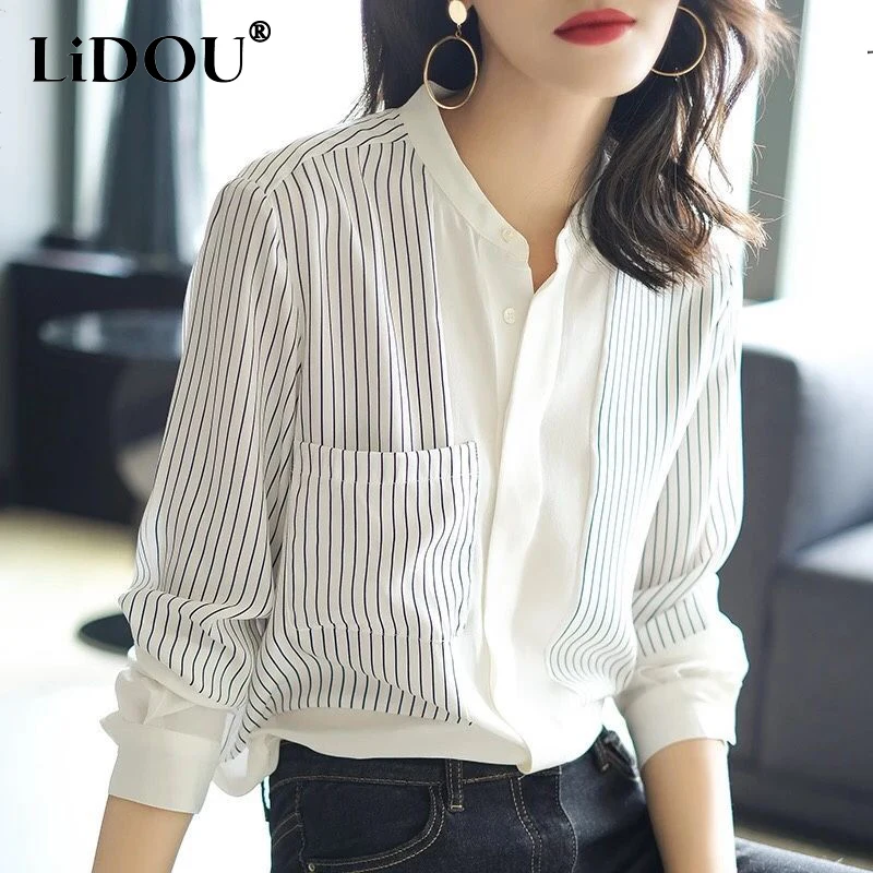 Top Trends: Spring Summer Elegant Fashion Stand Collar Striped Patchwork Long Sleeve Shirt Women Loose Casual Buttons All-match Blouse Top Shoppable Styles