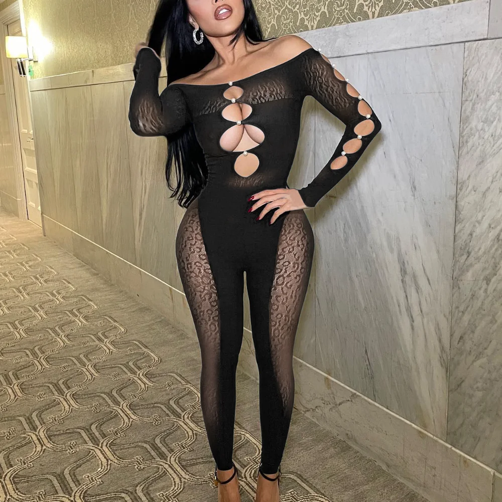 Top Trends: Sexy Off Shoulder Mesh Jumpsuit Women Body Hollow Out Bodysuit Leopard Beading Pants Elegant Night Club Outfits Romper Overalls Shoppable Styles