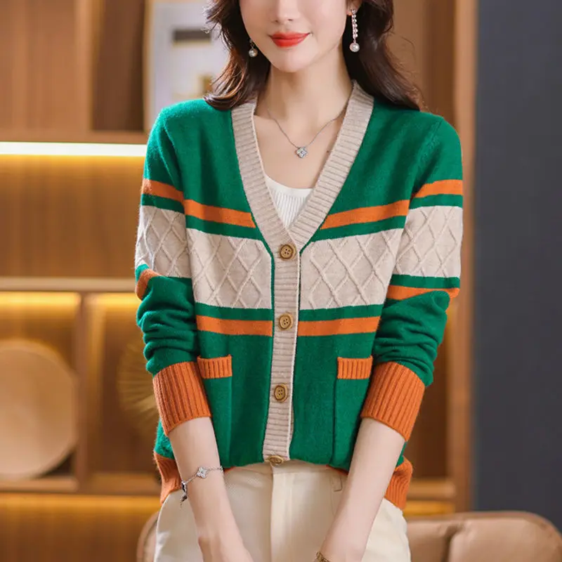 Top Trends: Spring And Autumn Women&#039;s V-neck Panel Button Pocket Coat Knitted Cardigan Loose Sweater Fashion Casual Elegant Long Sleeve Tops Shoppable Styles