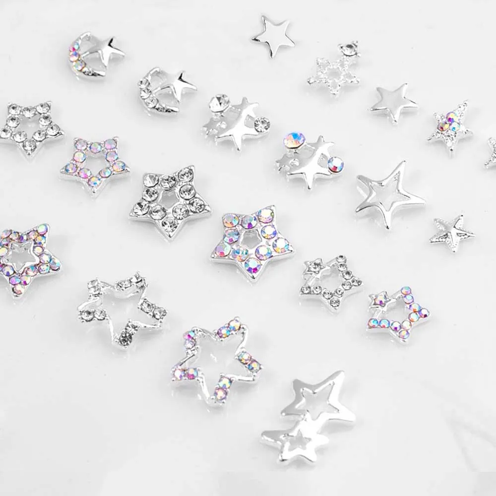 Top Trends: 10Pcs Hollow Star Nail Art Charms 3D Alloy Five-Pointed-Star Silver Crystal Diamond Nail Decoration Luxury Manicure Accessories Shoppable Styles