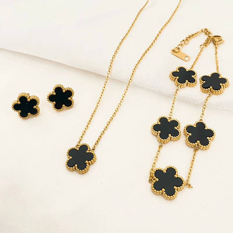 Top Trends: 3Pcs Luxury Five Leaf Flower Pendant Necklace Earrings Bracelet For Women Gift Trendy Stainless Steel Jewelry Sets 2023 New Shoppable Styles